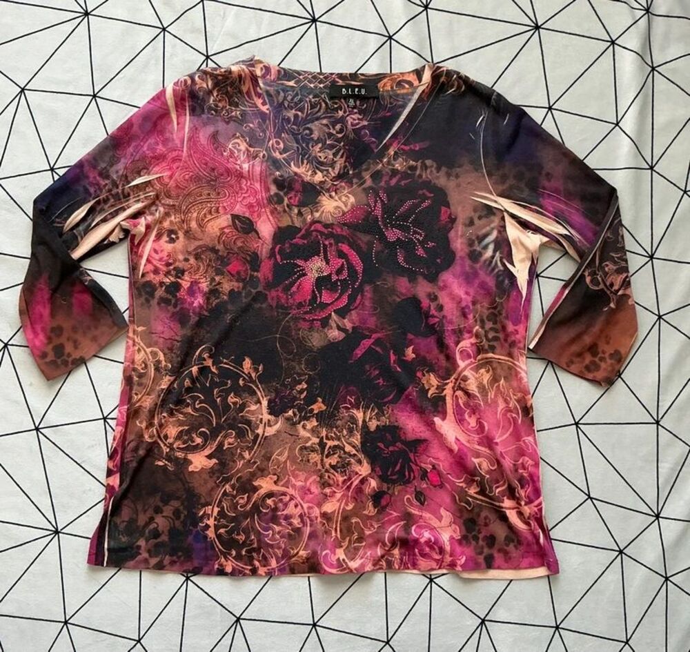 Y2K B.L.E.U. Womens XL Top Pink Black Rhinestone Rose Baroque Sublimation USA